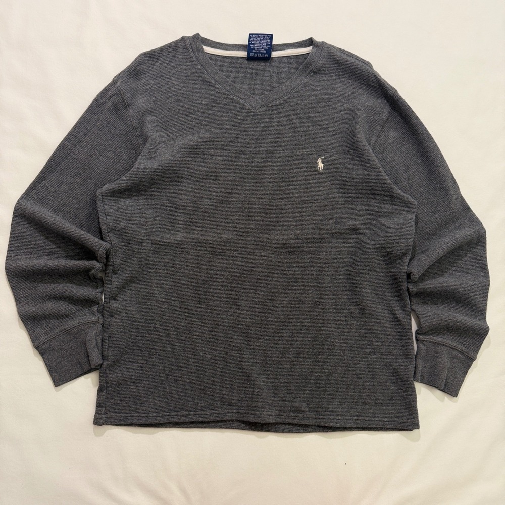 Polo Ralph Lauren Waffle Knit Sleepwear Men Large Grey V-Neck Pony Logo Shirt